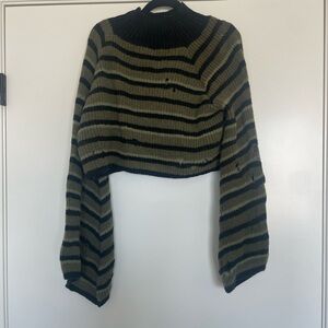 Striped Black and Olive Cropped Sweater